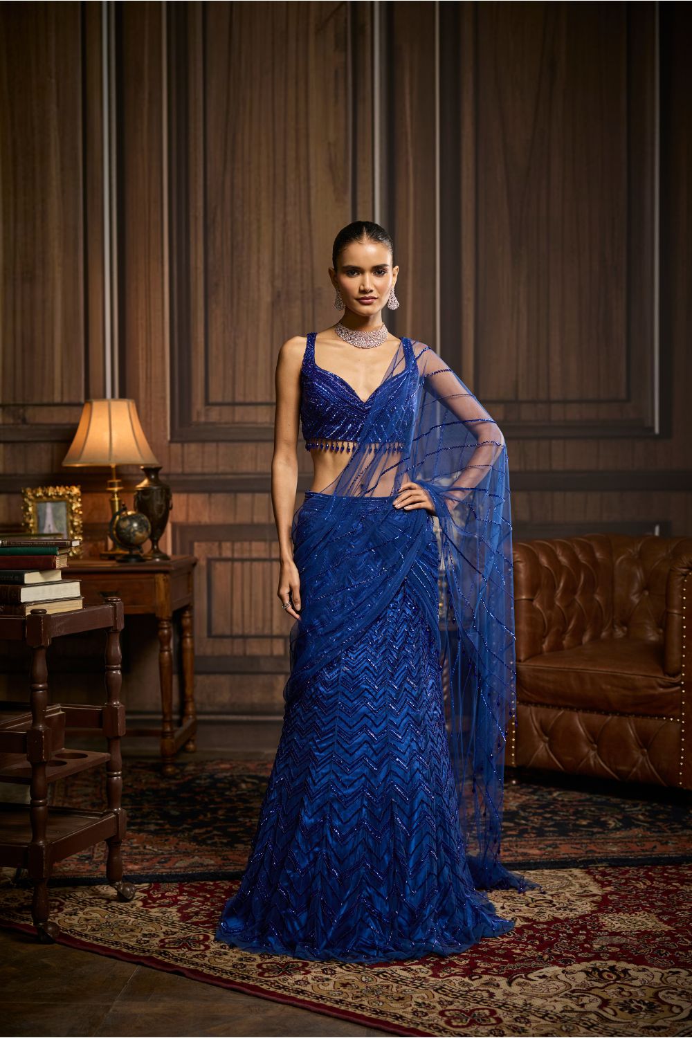 ELECTRIC BLUE EMBELLISHED PRE-DRAPED SKIRT SAREE SET