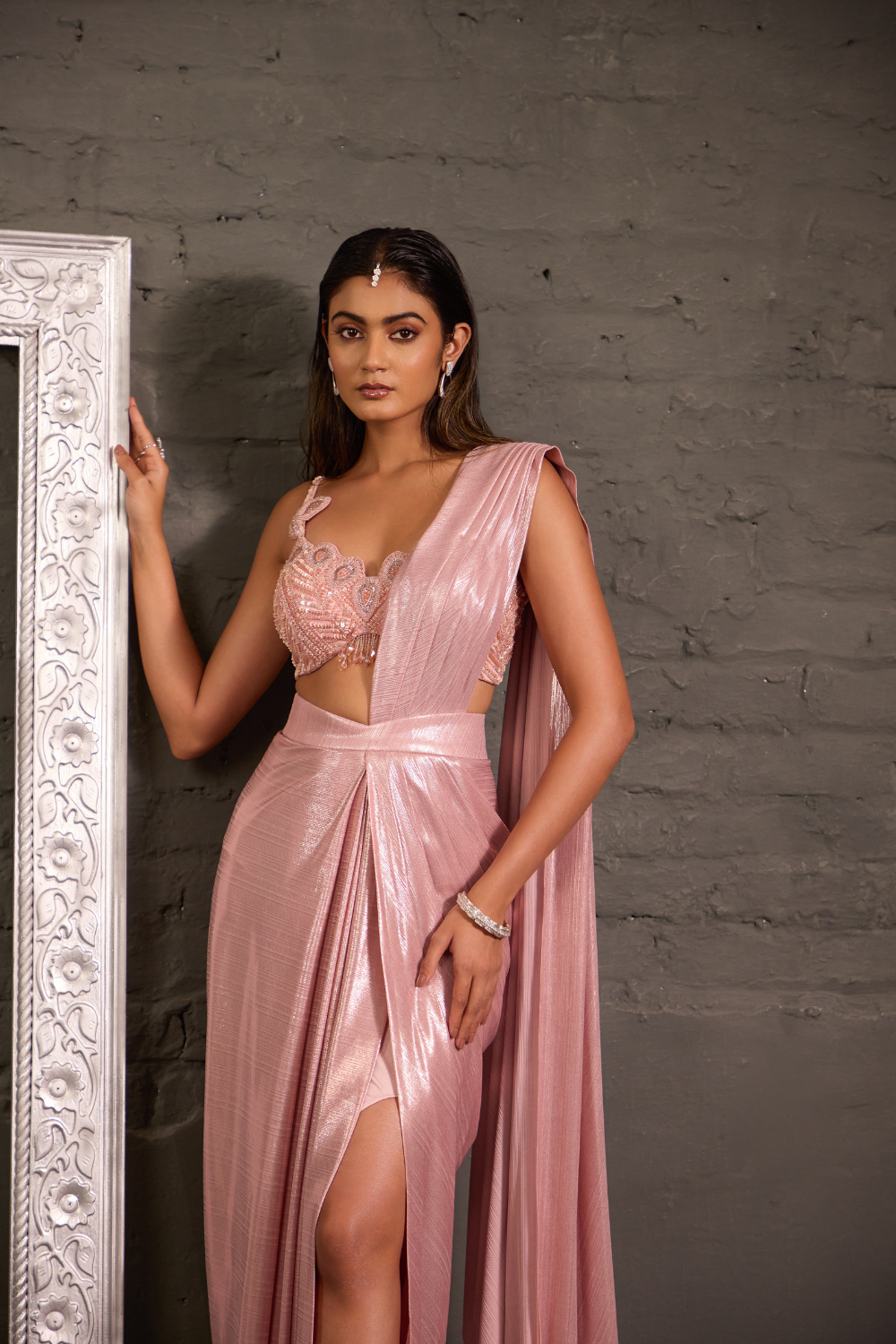 Pink Cutwork Blouse With Metallic Drape Saree