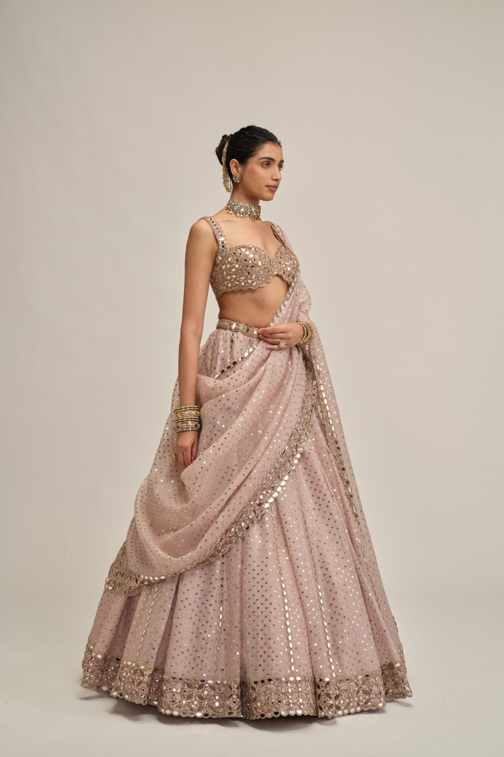 Ash Pink Linear Mirror Sequins Embroidered Lehenga Set