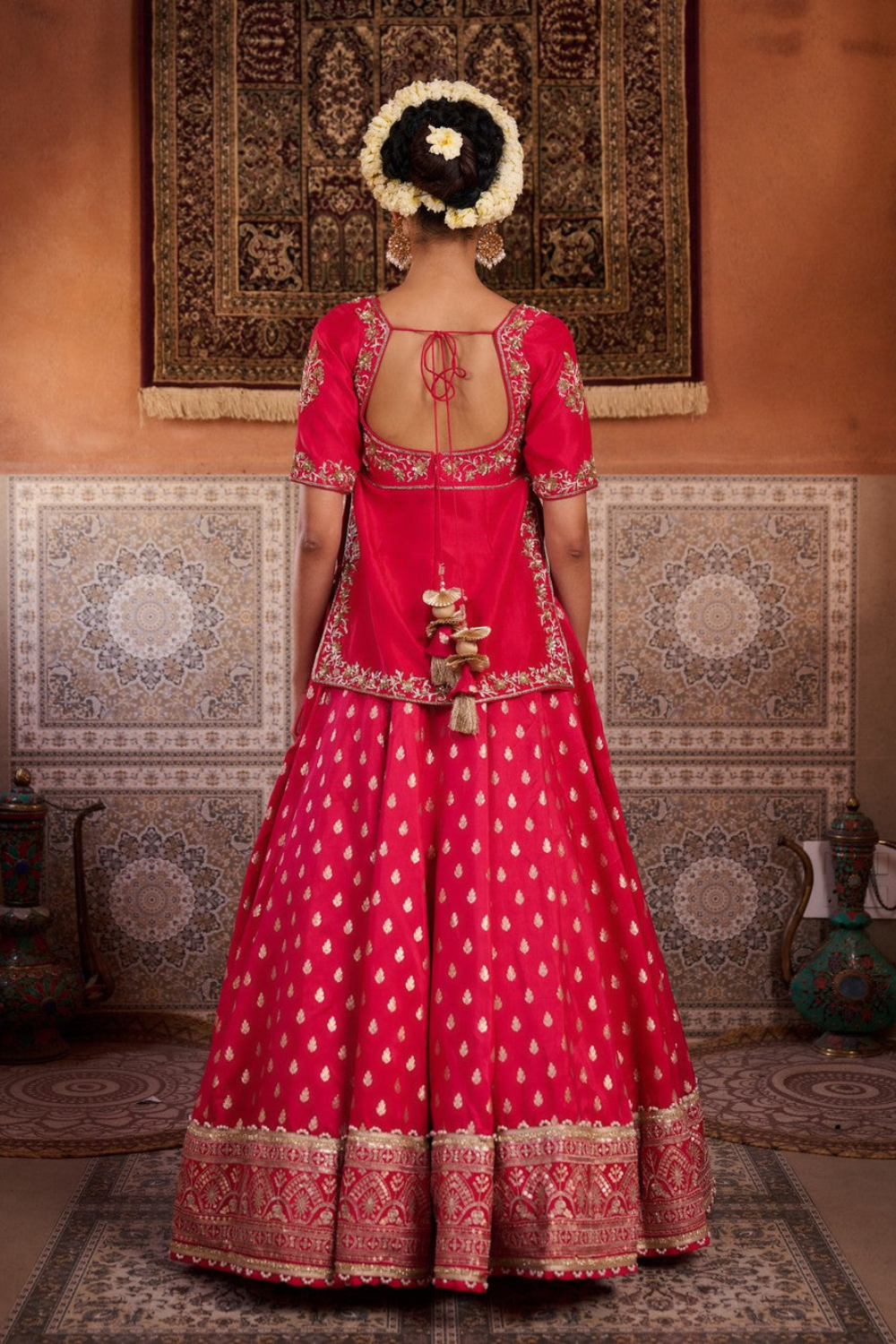 Fuchsia embroidered kurti with banarsi lehenga and dupatta