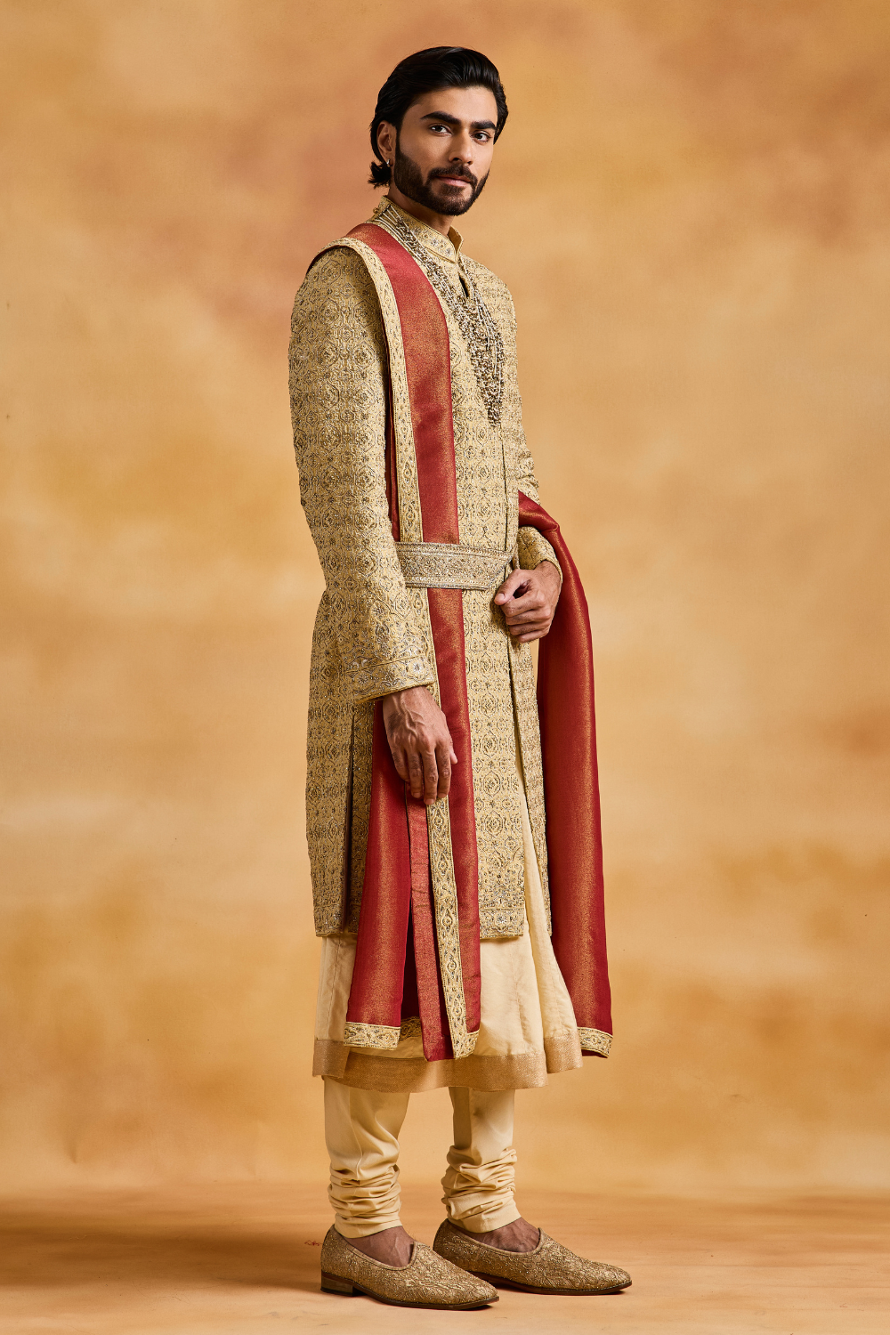 Gold Raw Silk Sherwani with Choga and Churidar