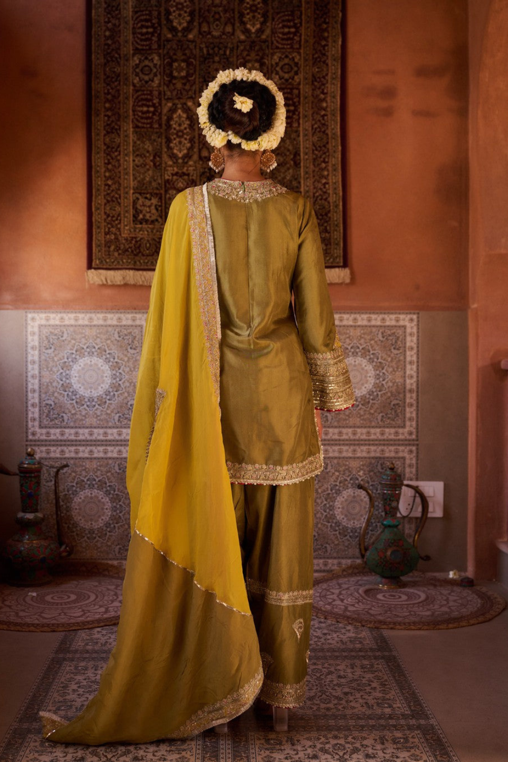 Sage green and mustard upada silk kurta, salwar and organza dupatta