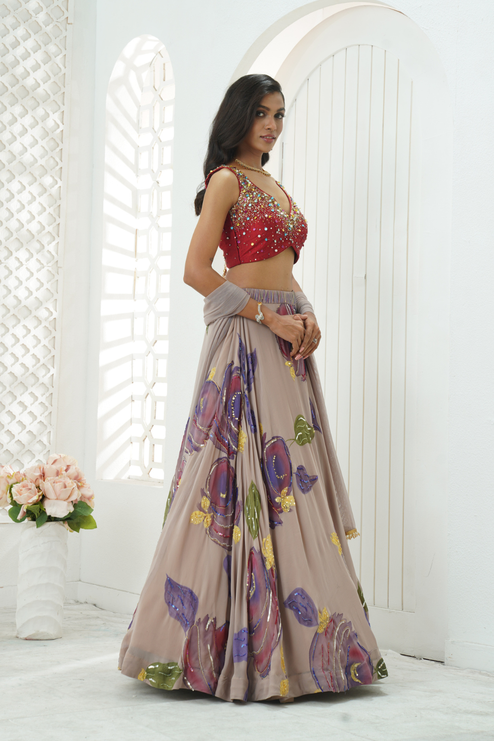 Mauve hand painted lehenga and embroidered Red blouse set