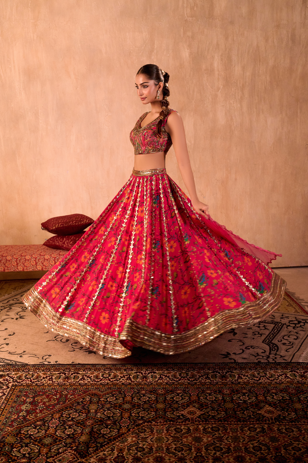 PINK PRINT EMBROIDERED CHOLI, LEHENGA AND DUPATTA SET