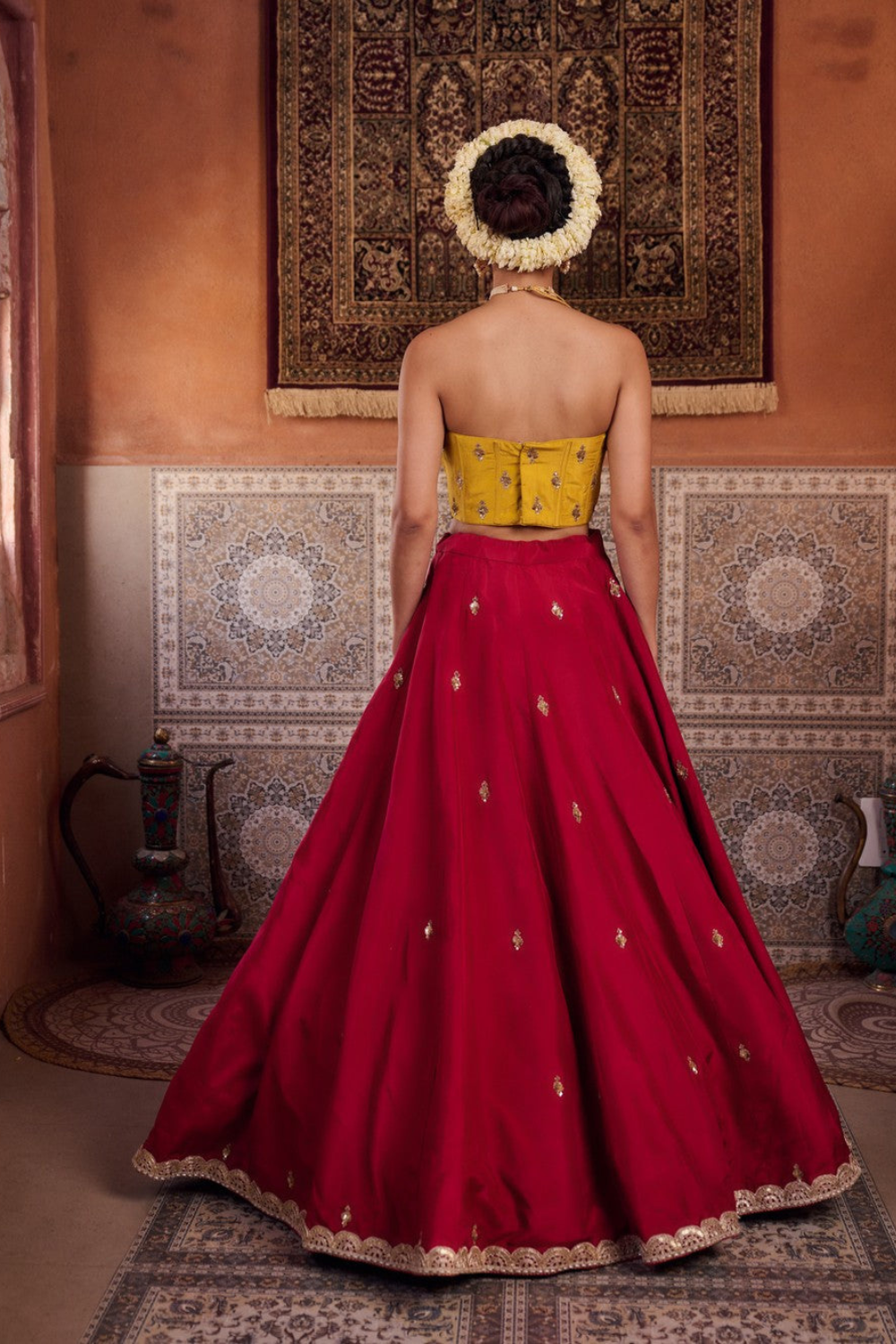 Mustard and raspberry wine upada silk corset, lehenga and organza dupatta