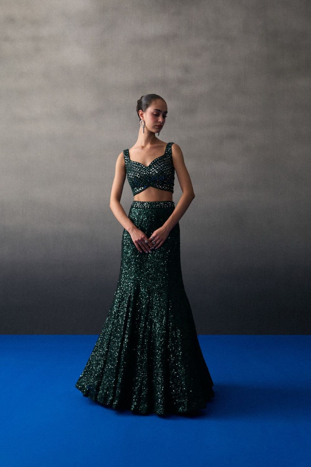 Green Sequins Georgette Skirt Set