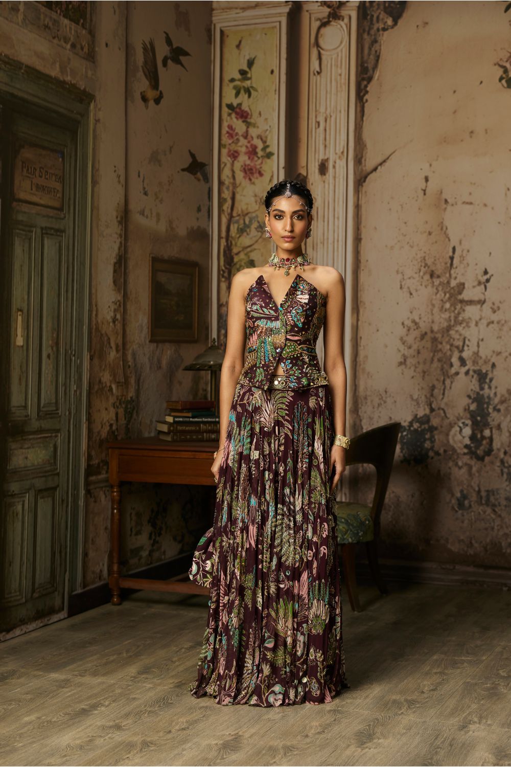 PLUM PRINTED AND HIGHLIGHTED CORSET LEHENGA SET