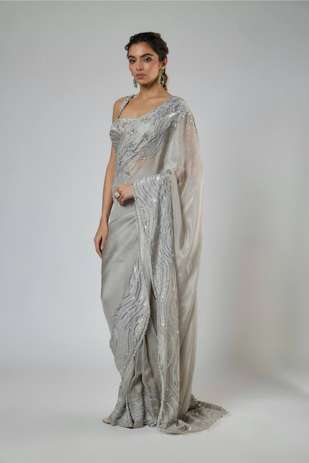 GREY HEAVY INTRICATE EMBROIDERED SAREE SET