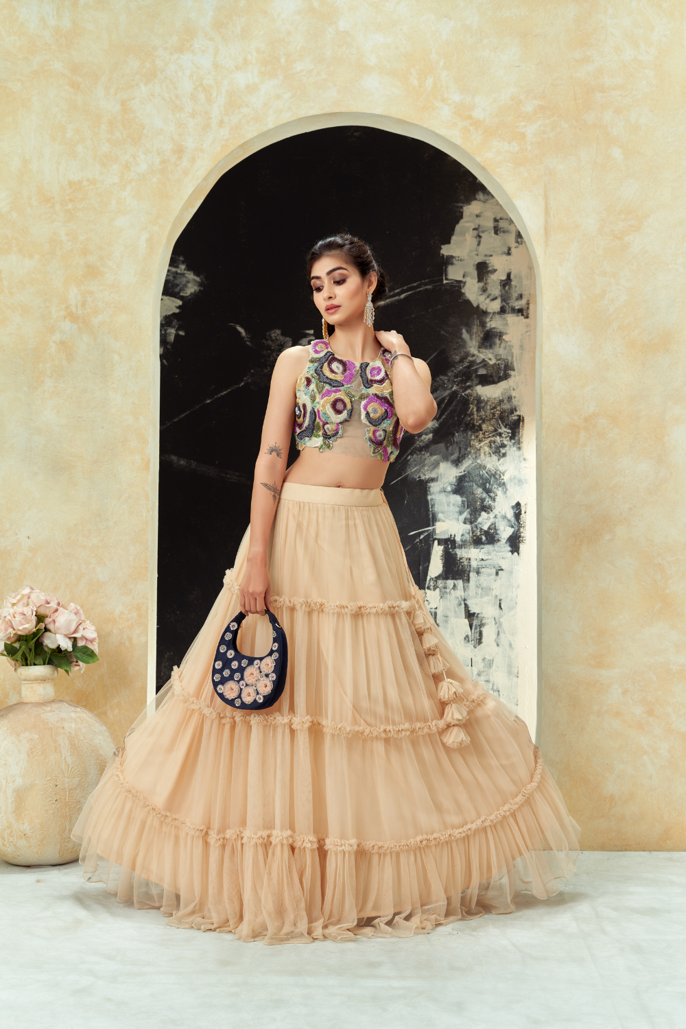 Multi-hued embroidered blouse and tier skirt set