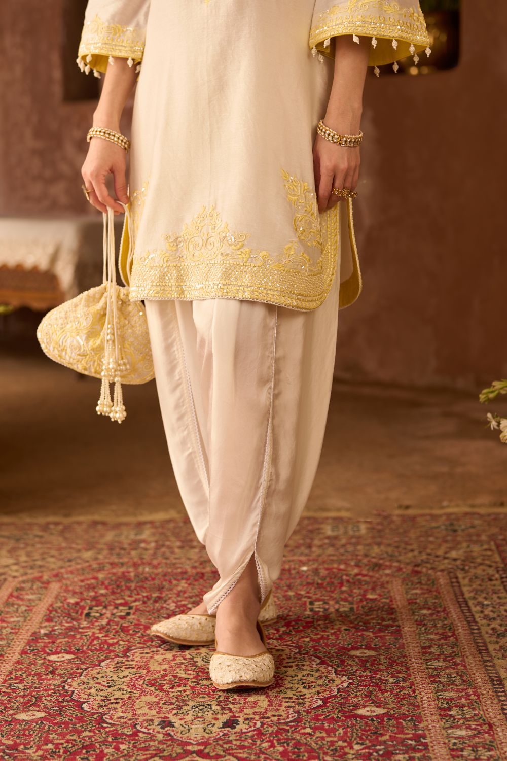 NYRA - DAISY IVORY WITH LEMON YELLOW SHORT KURTA AND DHOTI