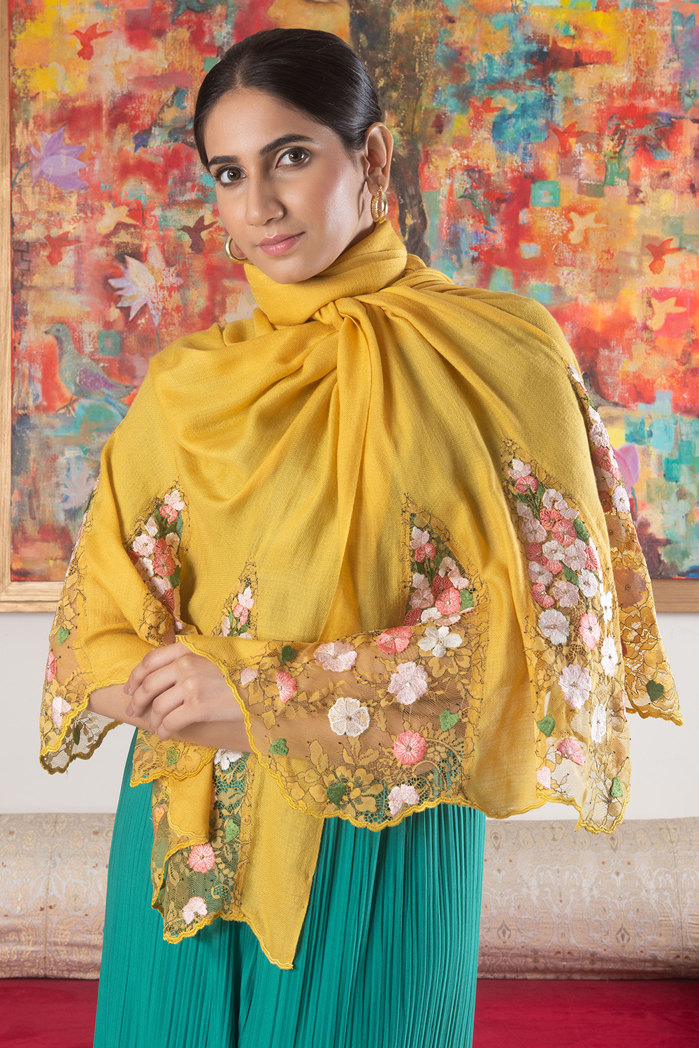 Cherry Blossom Flounce | Embroidered Wool Silk Stole – Spicy Mustard