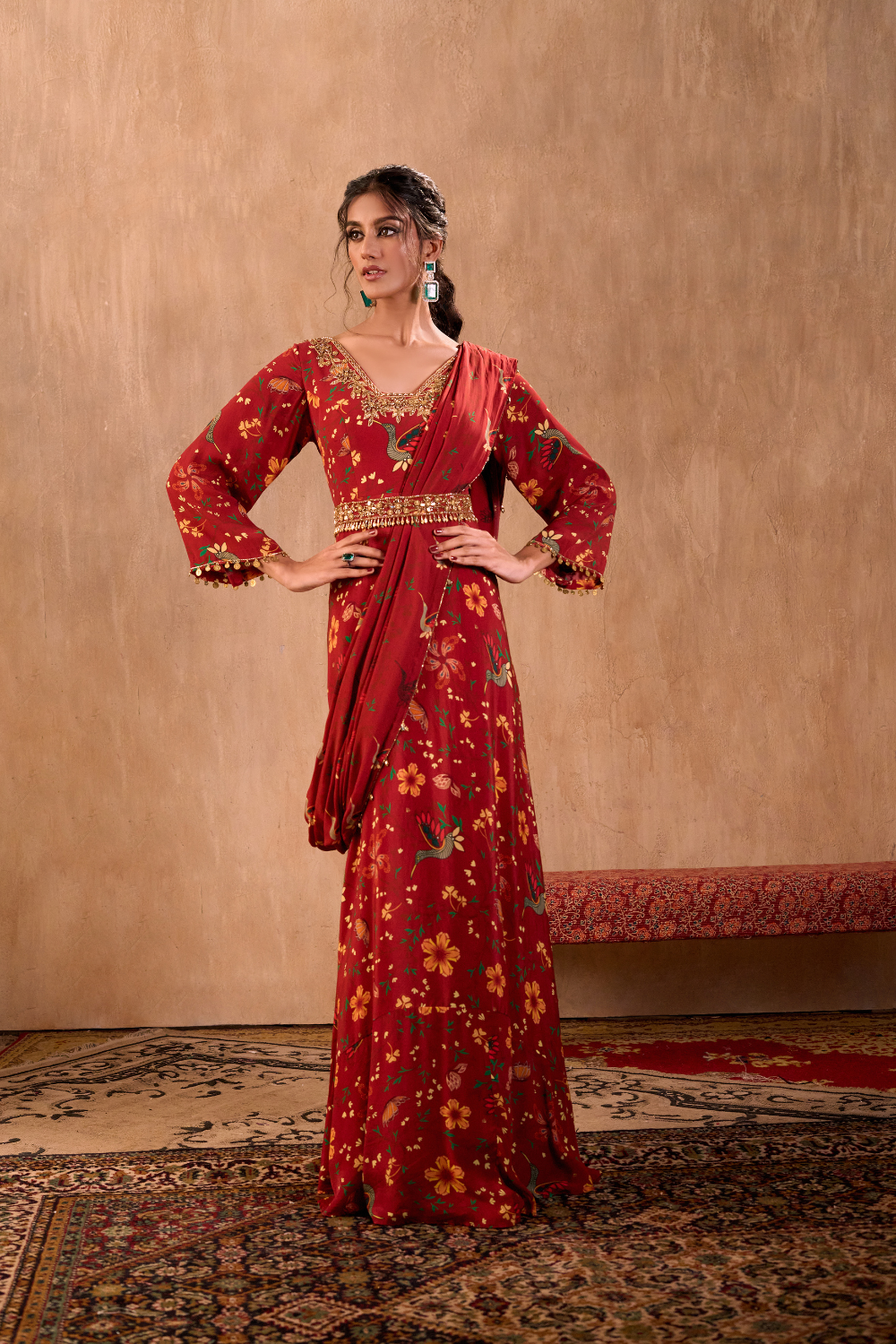 RED PRINT EMBROIDERED ANARKALI WITH DRAPE AND BELT SET