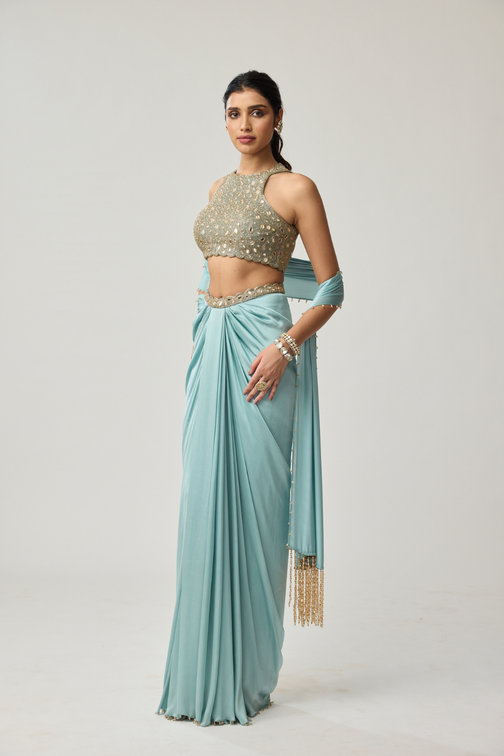 Powder Blue Mirror Satin draped skirt Set