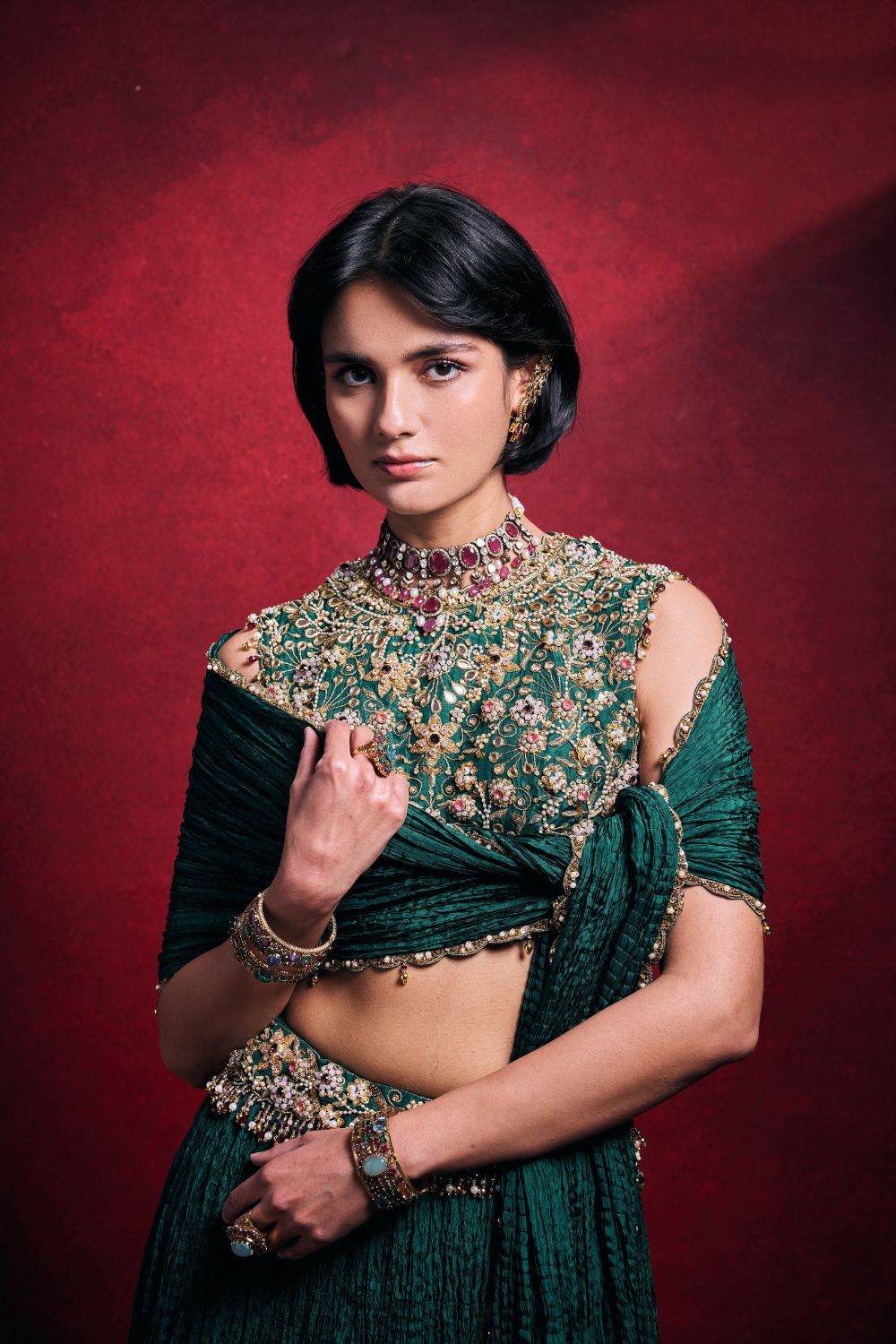 EMERALD GREEN CRUSHED LEHENGA SET