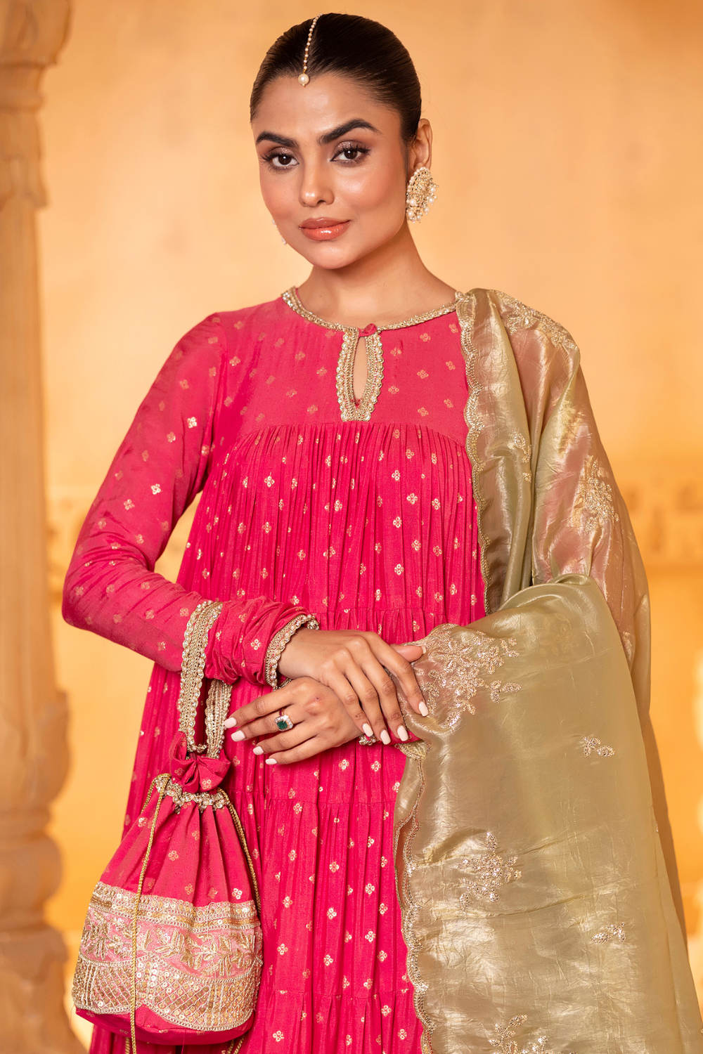 Pink Tiered Anarkali Set