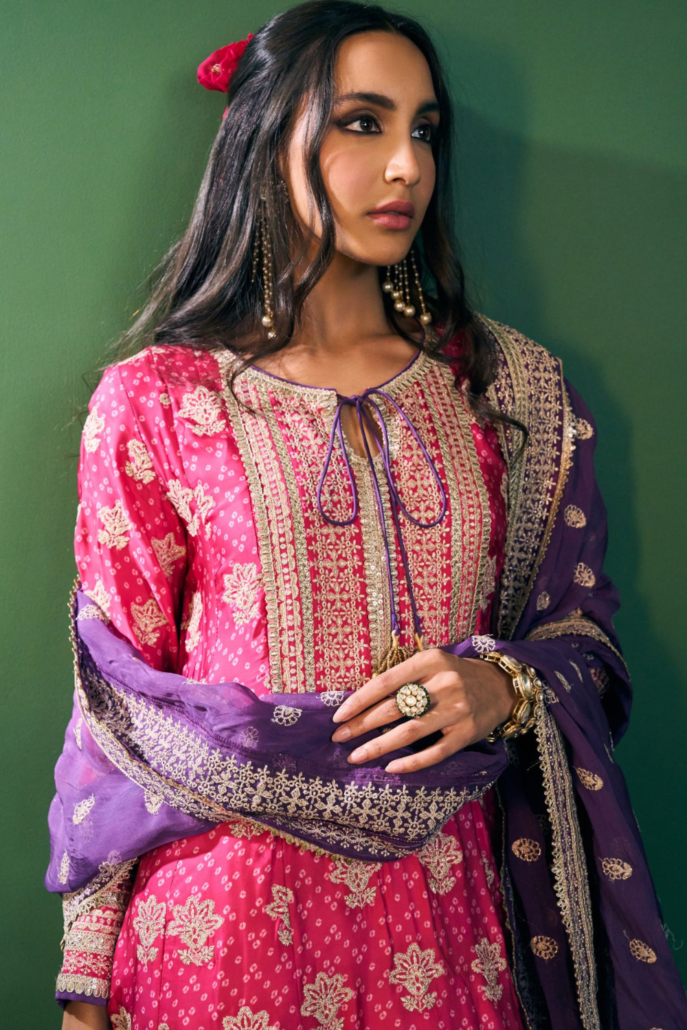 Arvini Cupro Satin Fuschia Anarkali Kurta Set