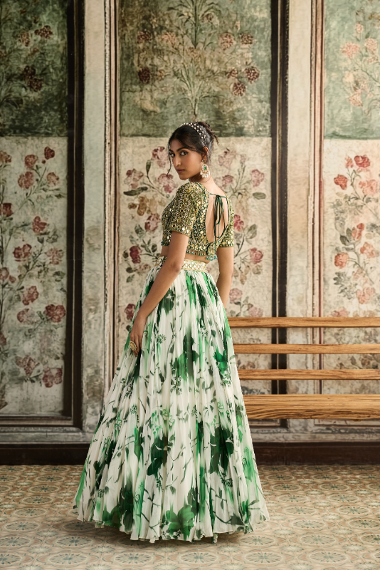 IVORY & GREEN FLORAL PRINTED LEHENGA SET