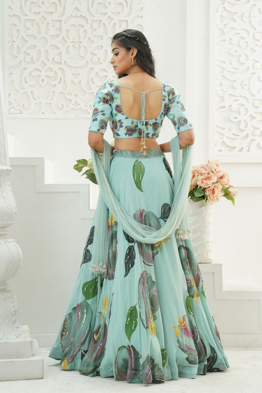 Dusty Blue hand painted lehenga set