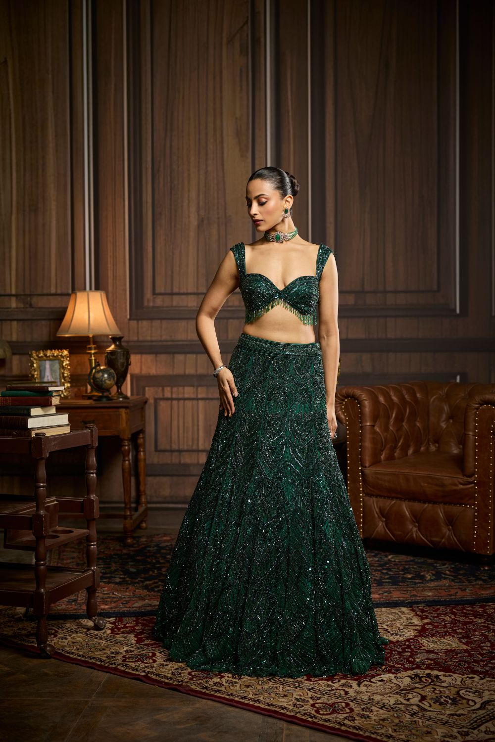 EMERALD GREEN EMBELLISHED MERMAID SKIRT SET