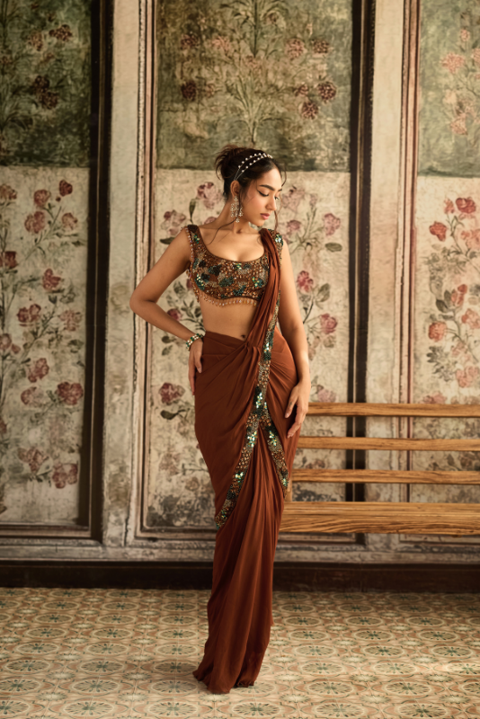 CARAMEL EMBROIDERED PRE-DRAPED SAREE SET