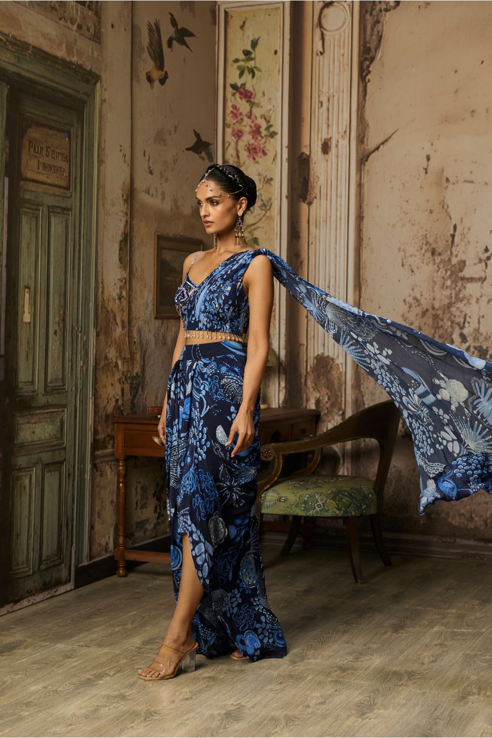 NAVY BLUE PRINTED DRAPE ASYMMETRIC CROP TOP AND SKIRT SET