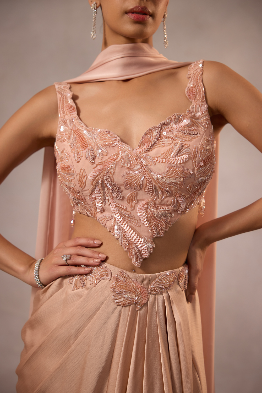 Champagne Pink Drape Skirt with Blouse & Stole