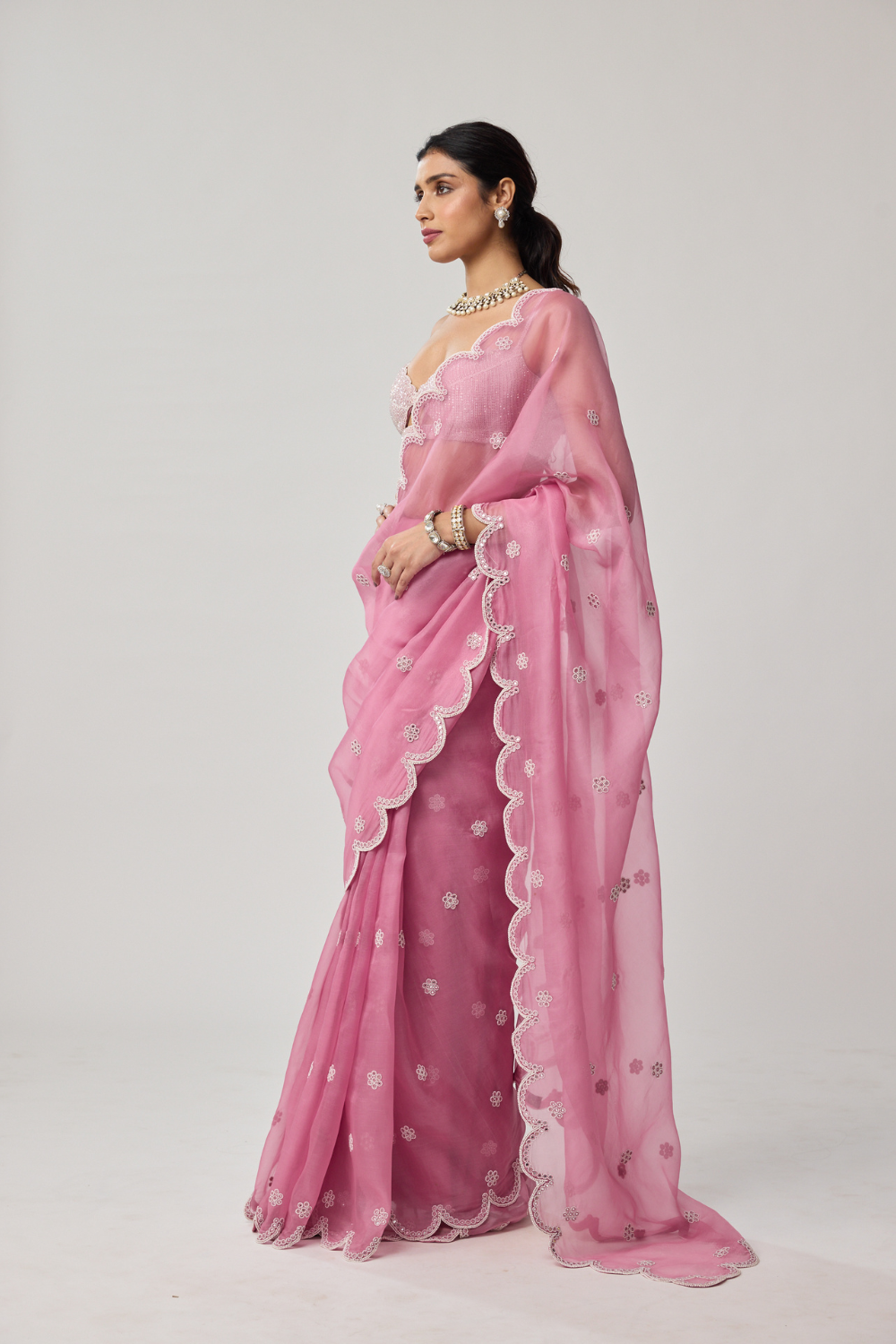 Onion Pink Organza Pearl saree set