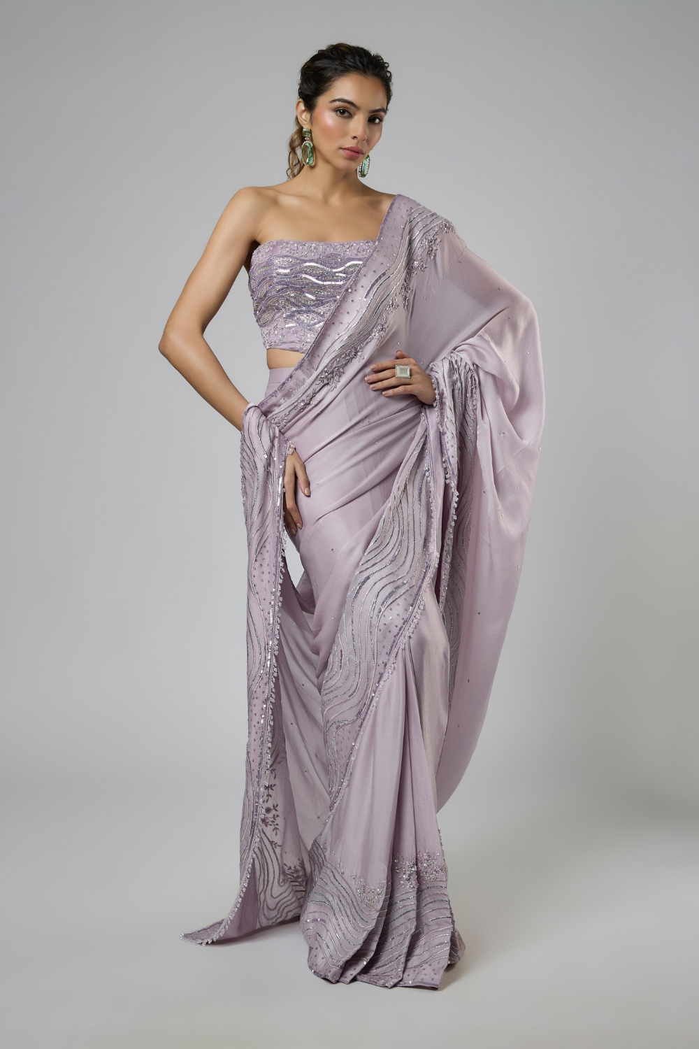 DUSTY lILAC INTRICATE EMBROIDERED SAREE WITH CORSET BLOUSE