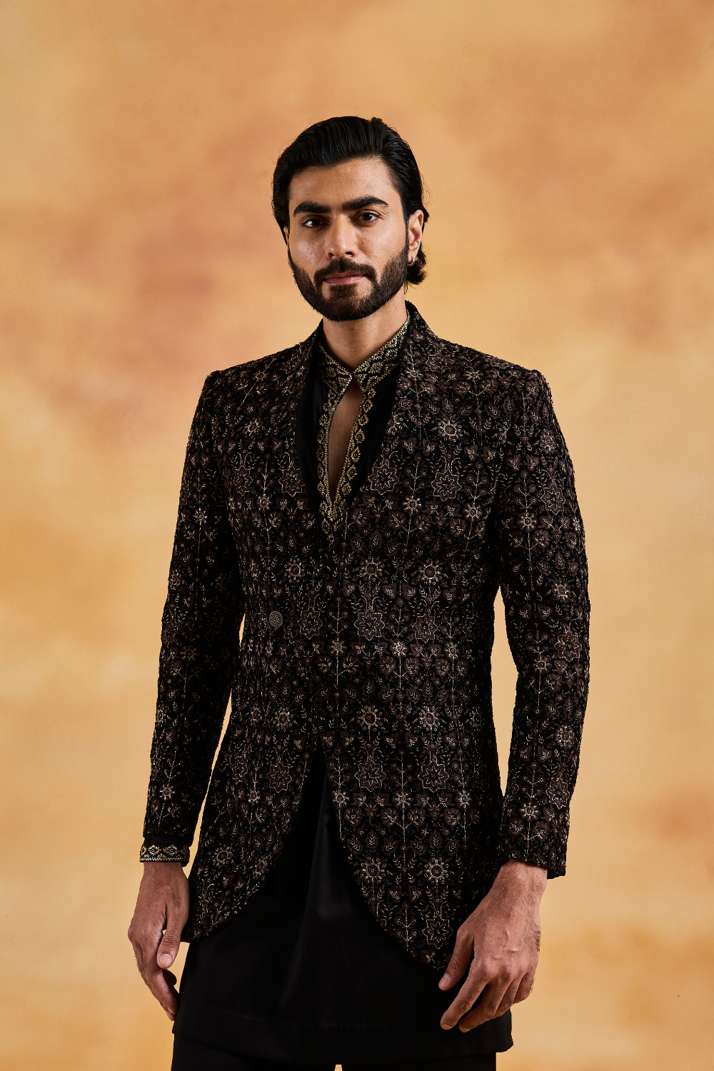 Black Velvet Overlap Jacket with Kurta and Trousers
