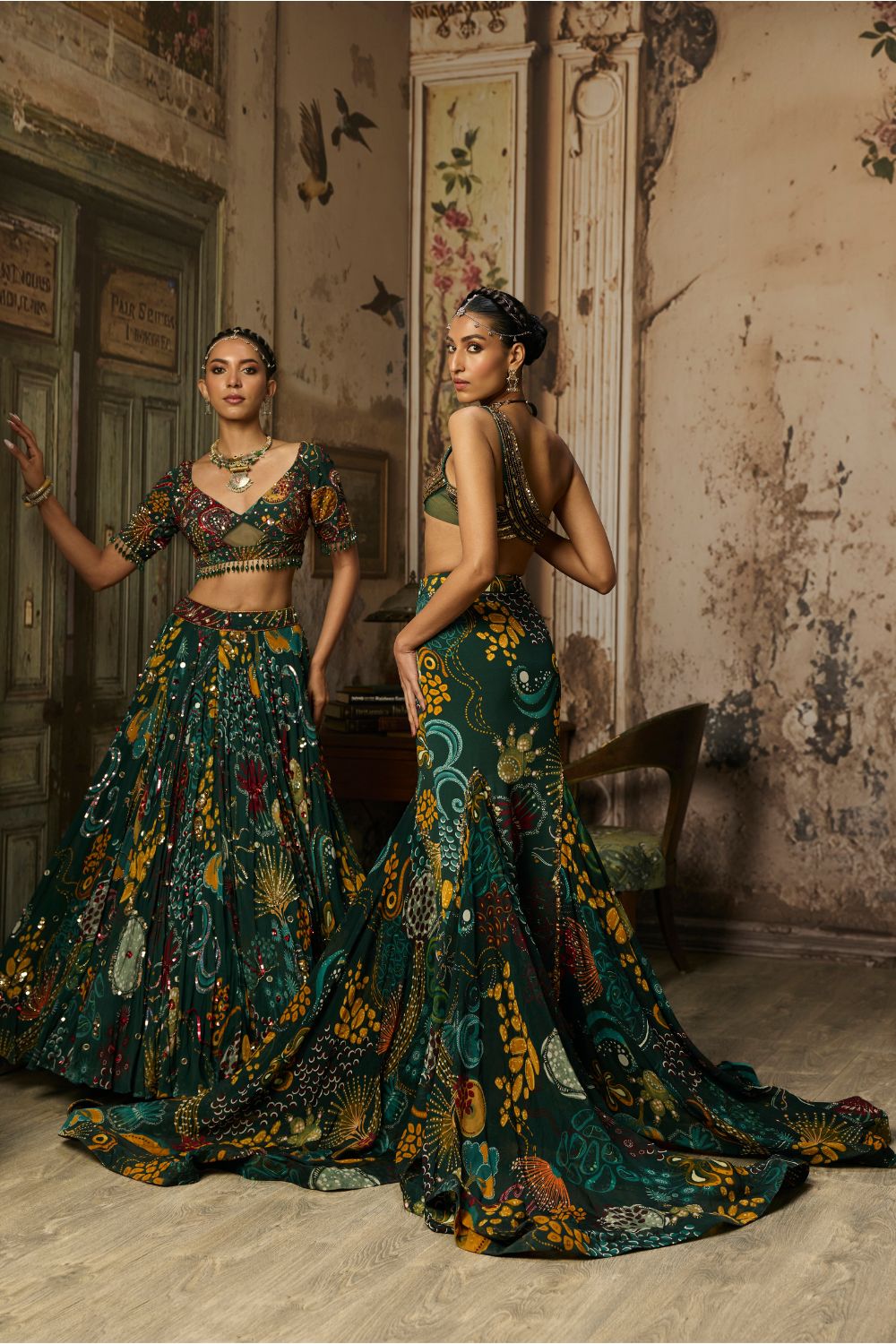 DARK GREEN PRINTED AND HIGHLIGHTED LEHENGA SET