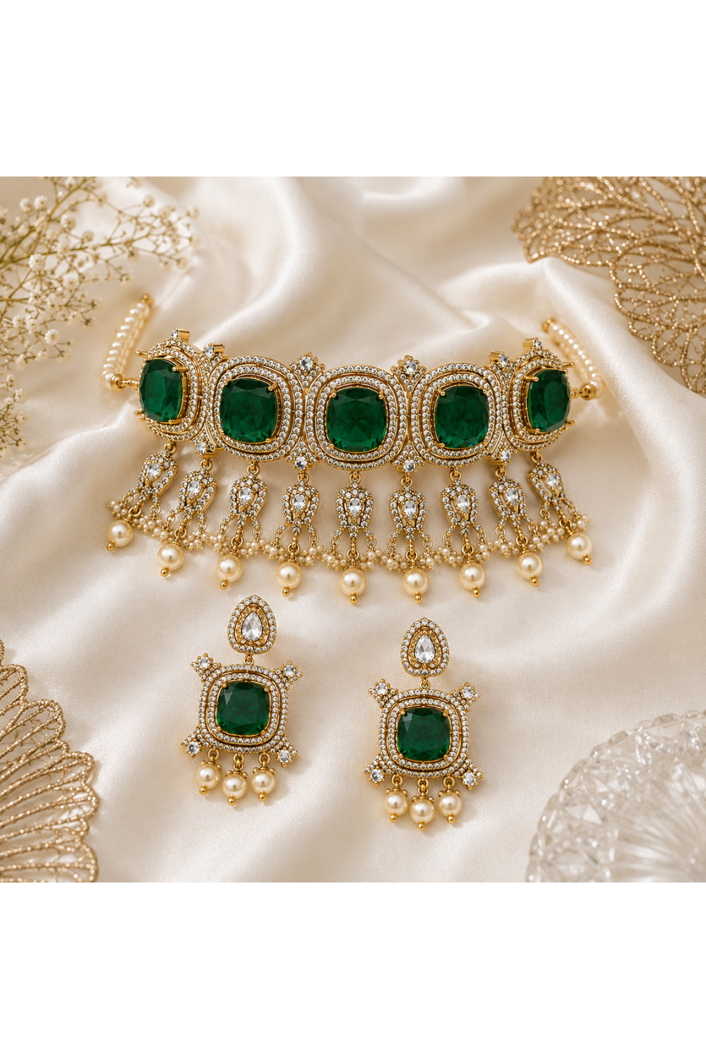 Emerald Green Moissanite Pearl Choker Set