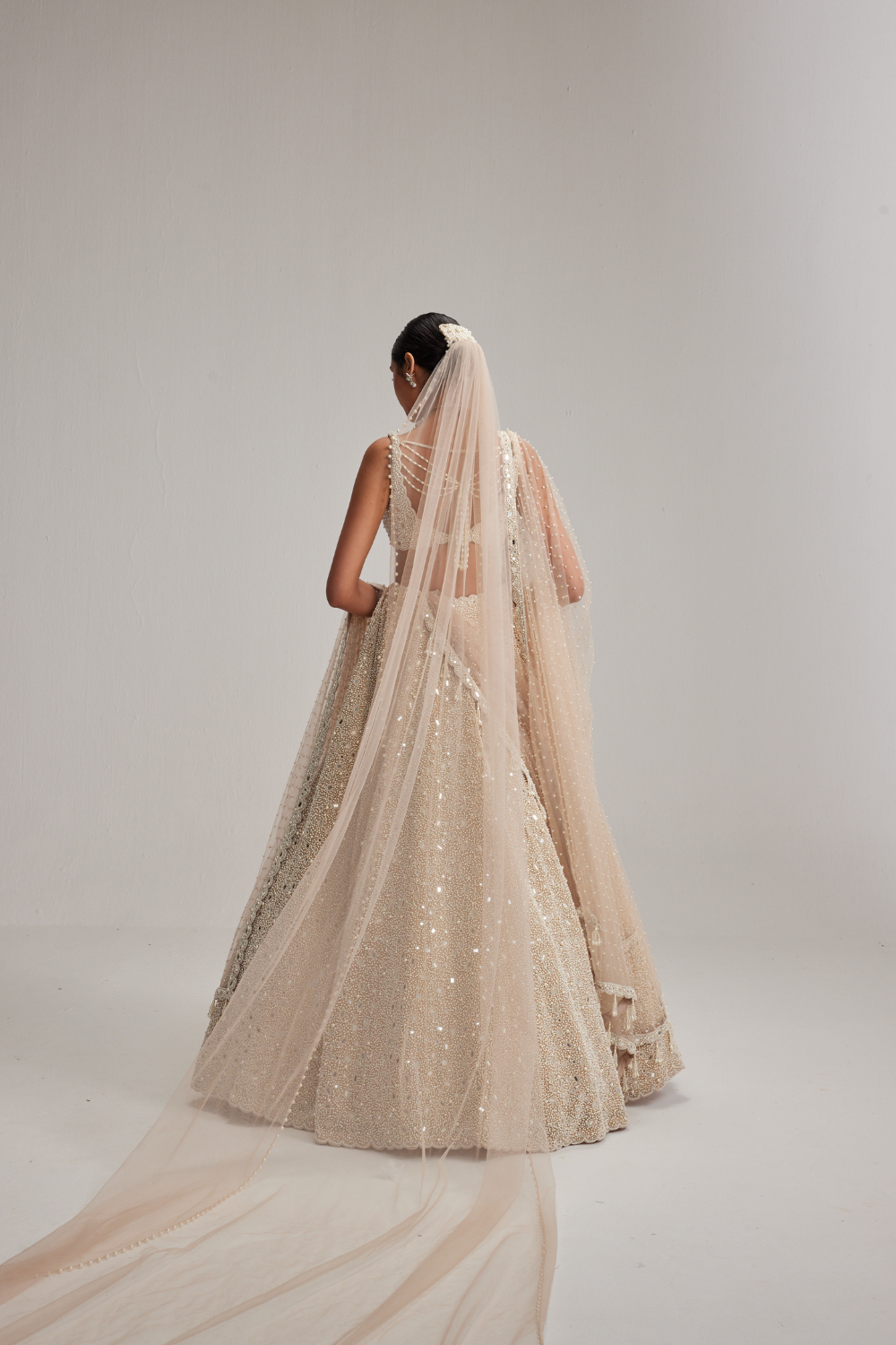 Light Beige Mirror & Pearl Bridal Lehenga with Double Dupatta and Veil