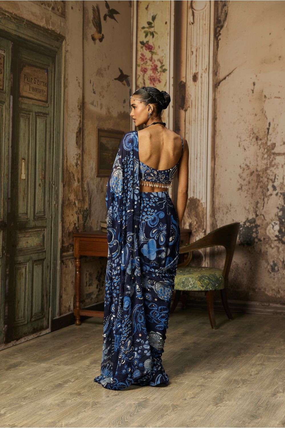 NAVY BLUE PRINTED AND HIGHLIGHTED CLASSIC SAREE SET