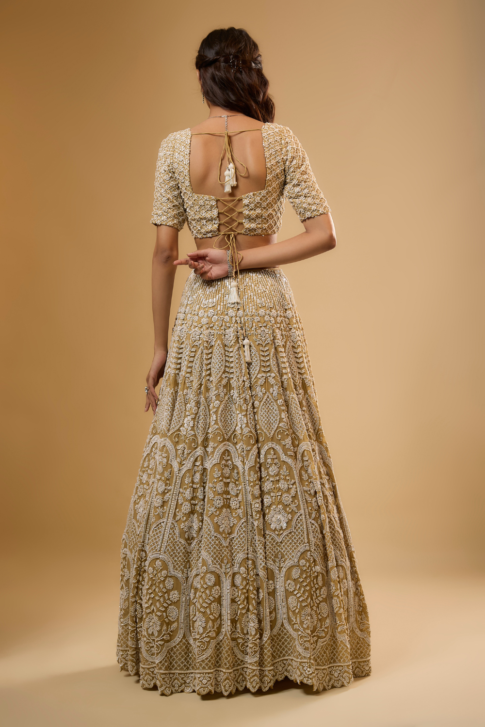 Gold georgette lehenga set with sequins & glass beads