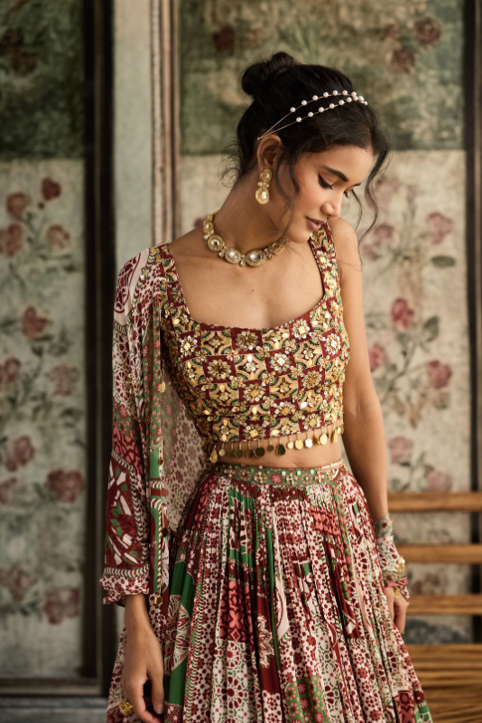 SAGE-MAROON PRINT AND HIGHLIGHTED SQUARE NECK BLOUSE WITH LEHENGA SET
