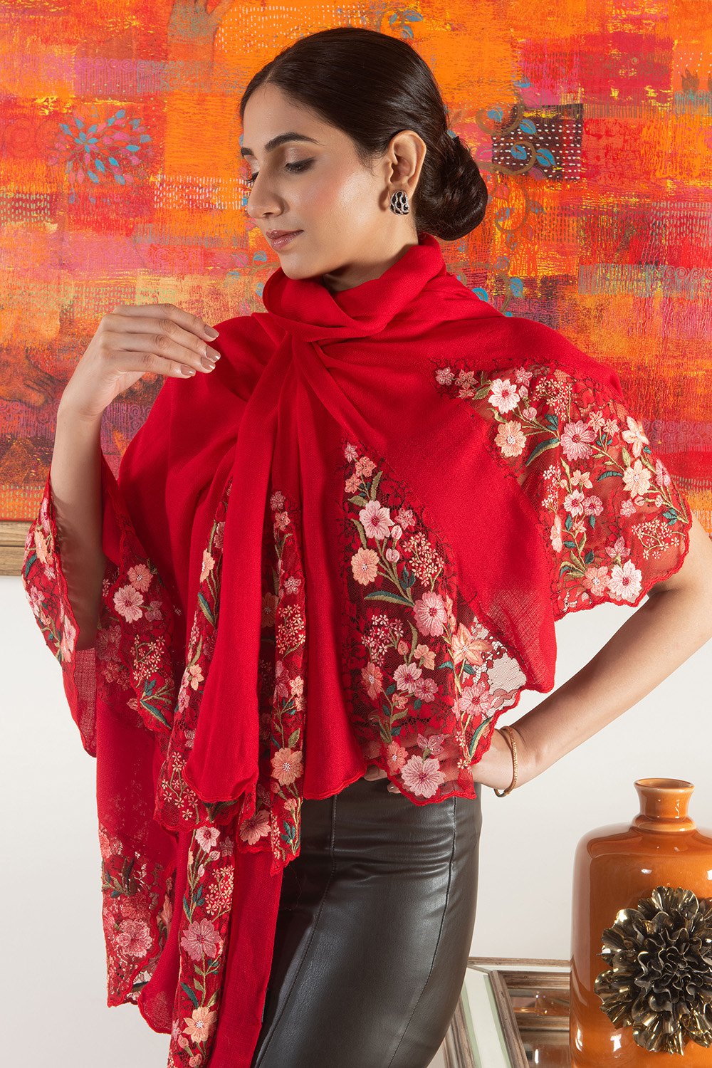 Rose Blossom Flounce | Embroidered Wool Silk Stole