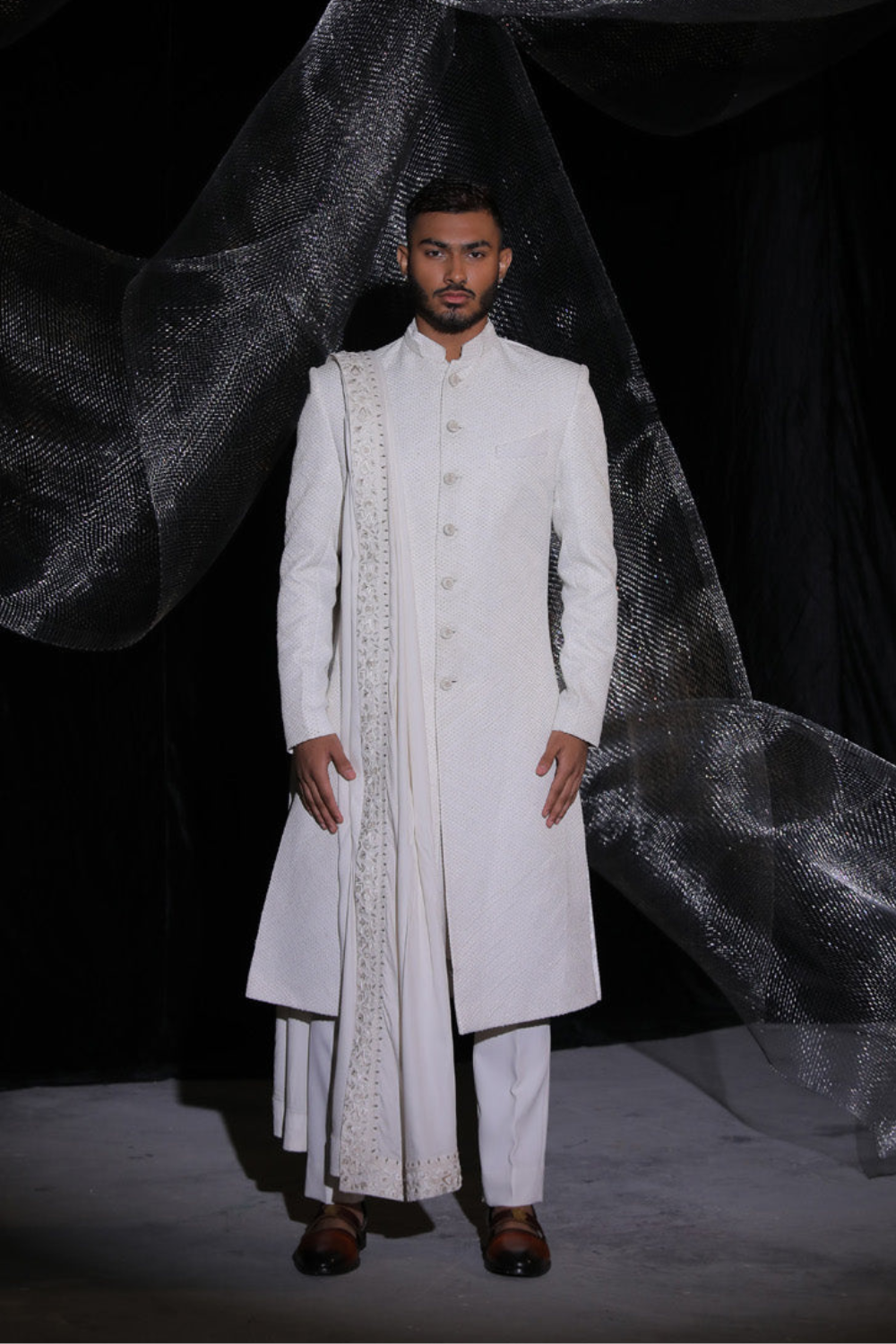 Pearl White Sherwani With Hand Embroidery On Dupatta