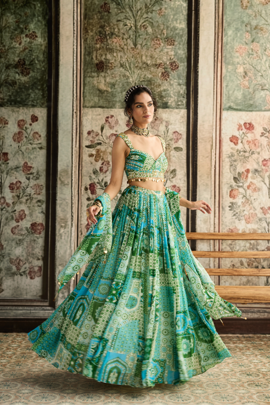 AQUA PRINT AND HIGHLIGHTED RUCHED BLOUSE LEHENGA SET