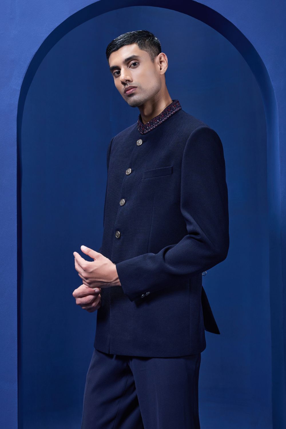Navy blue bandhgala detailing with golden button, sequins , cutdana and thread work
