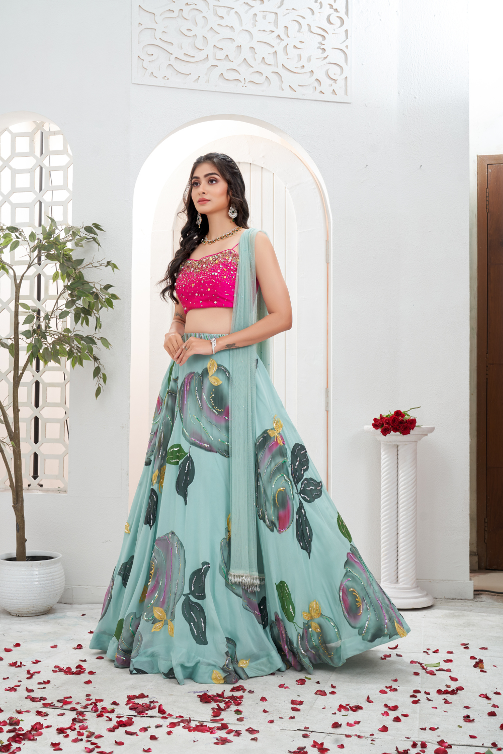Dusty Blue hand painted lehenga with Pink embroidered bustier set