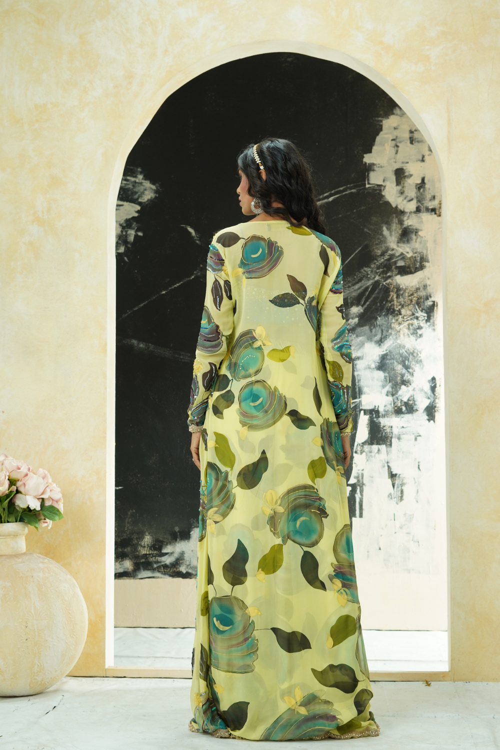 Lime Yellow hand painted palazzo and jacket set