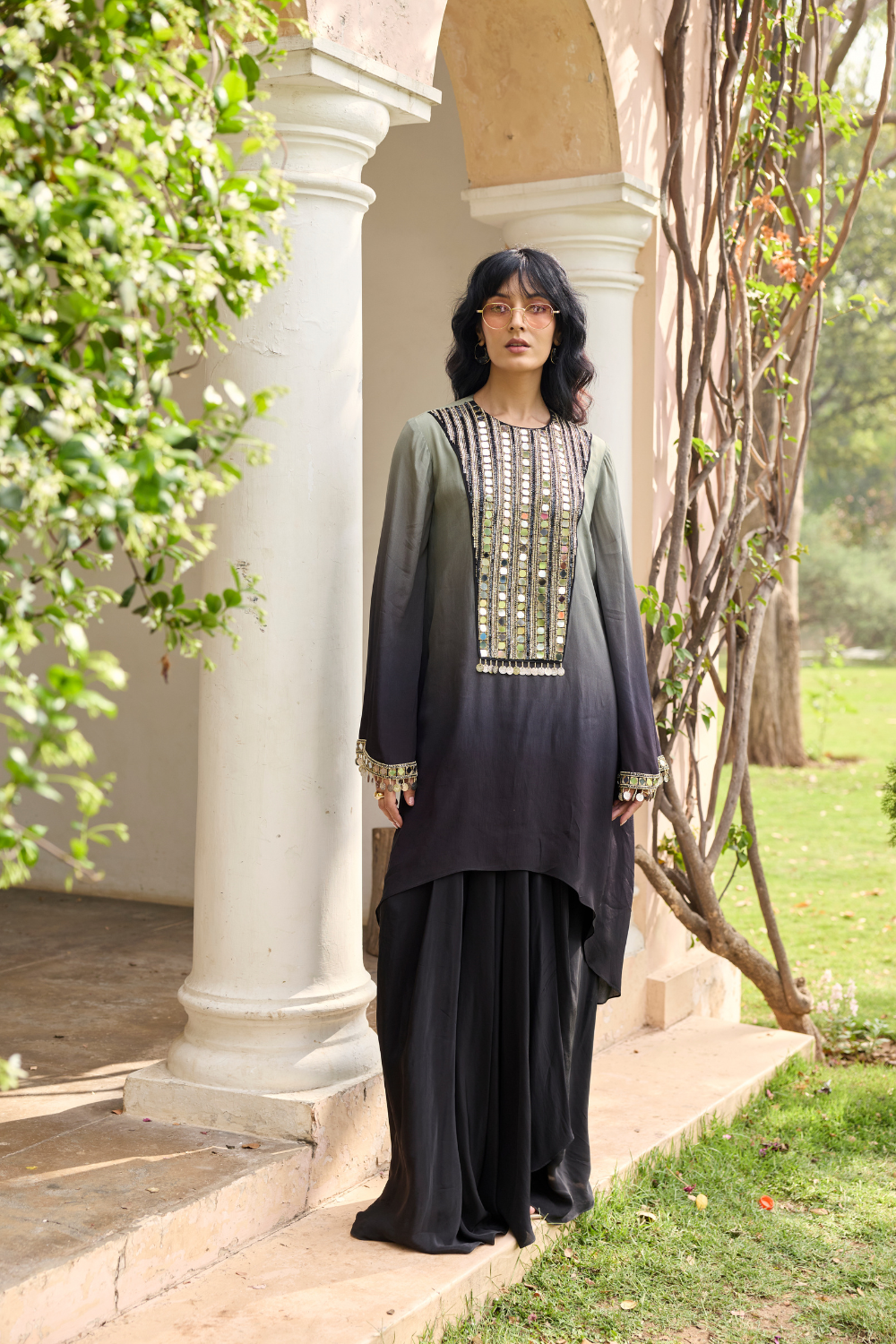 BLACK - GREY OMBRE EMBROIDERED KURTI SET