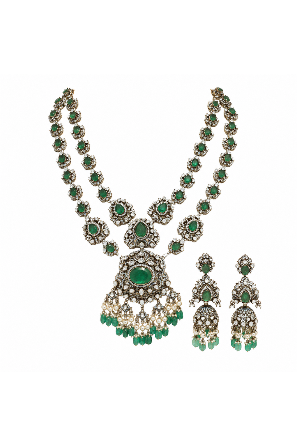 Emerald Moissanite Polki Long Two-Layered Necklace Set