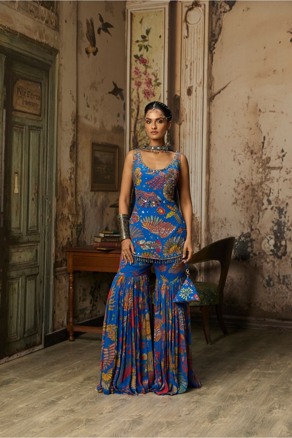 ELECTRIC BLUE PRINTED HIGHLIGHTED KURTI WITH GHARARA SET