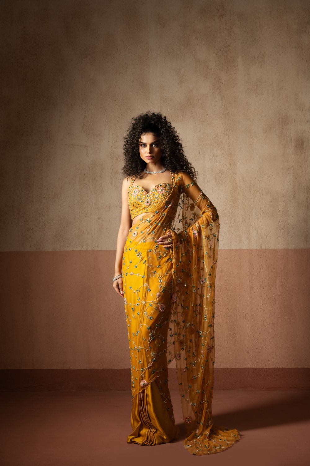 Predraped , mustard yellow , hand embroidered net & georgette saree