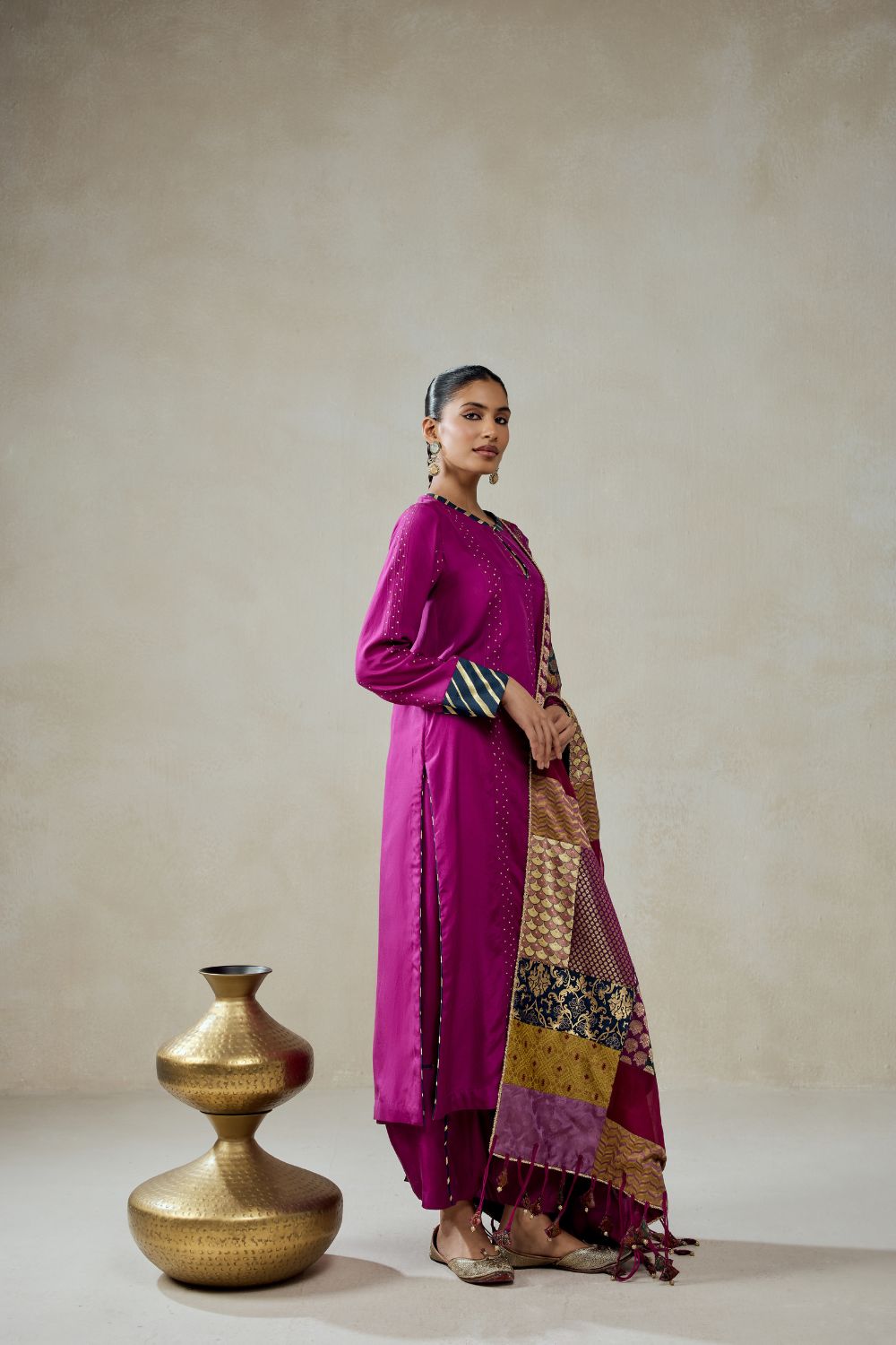 Wine Salwar Suit With Multicolour Brocade Dupatta Set