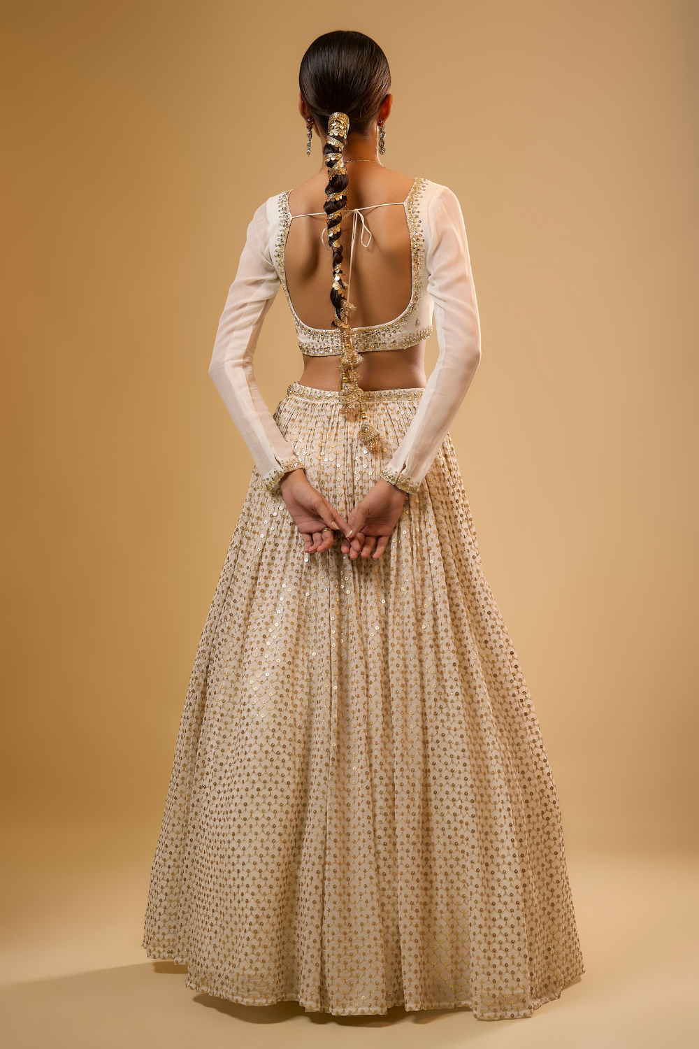 Vanilla white georgette lehenga set embroidered with mirrors and gold sequins