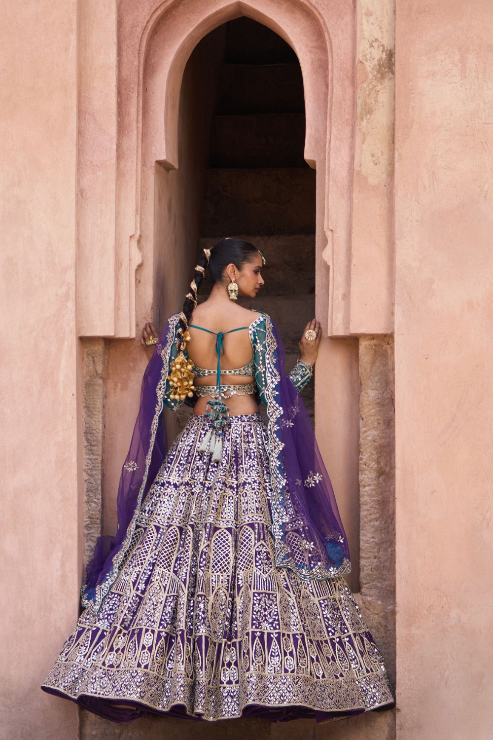 NEELAM — Bright Purple Raw Silk Lehenga Set with Contrast Blouse