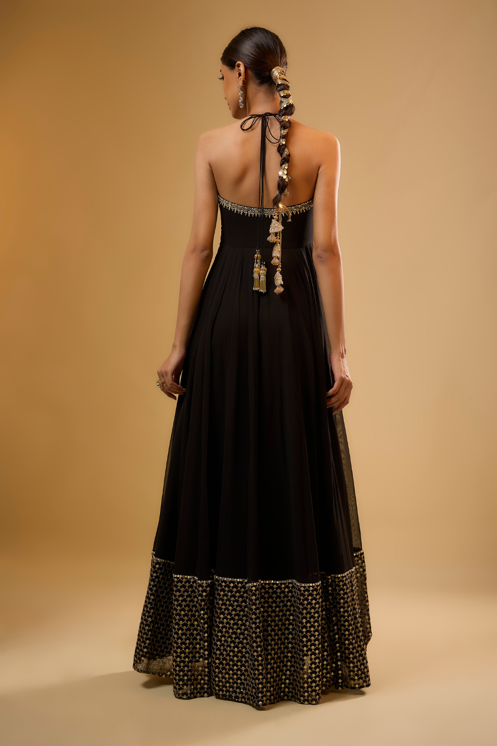 Black georgette anarkali set embroidered with gold cut dana & sequins