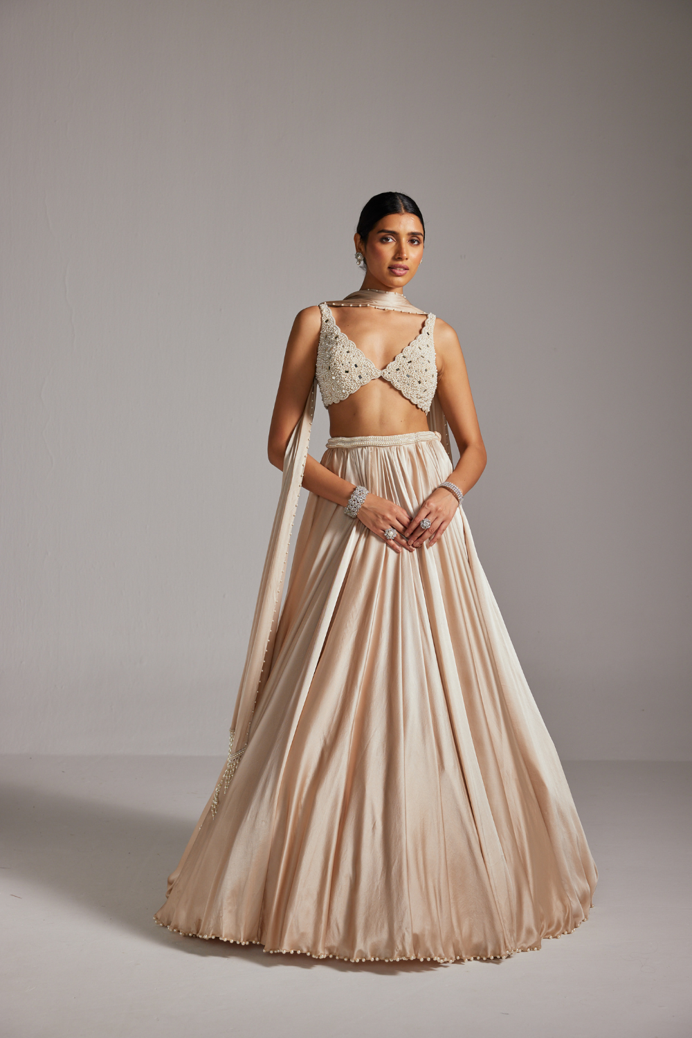 Light Beige V Neck Satin skirt Set
